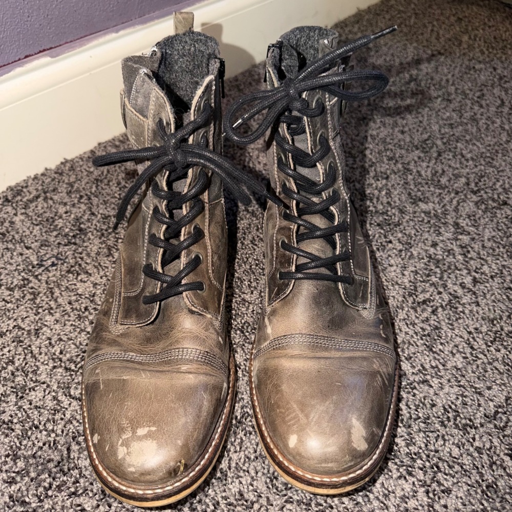 Hand Crafted Italian Leather Combat Boots Distressed Grey Blk/Bro EU 45 Mens 12